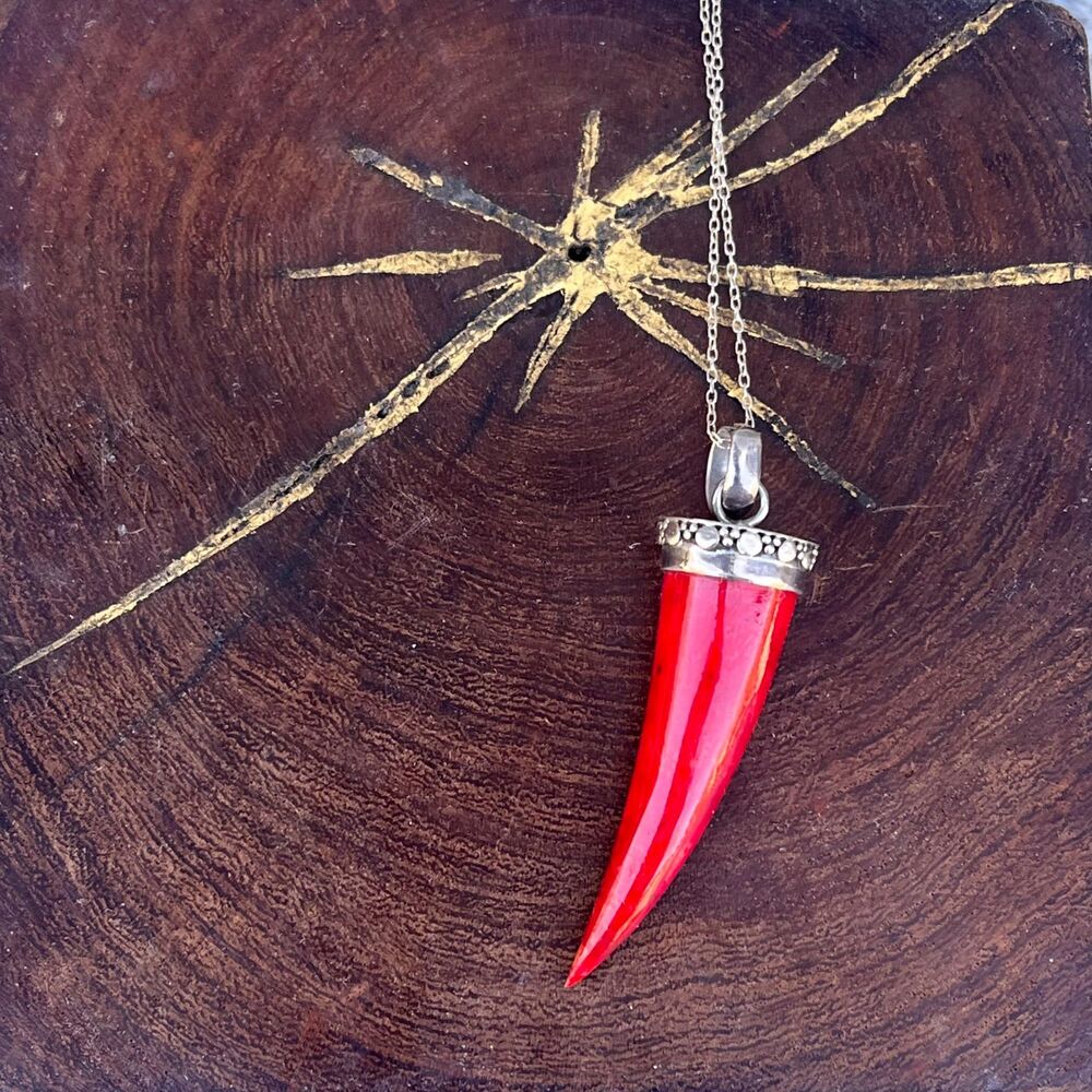 Vintage Horn Necklace Talisman Faux red coral Sterling Silver